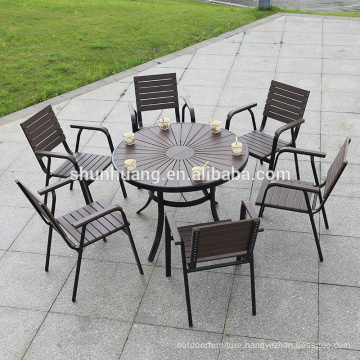 Outdoor modern plastic wood dining set with 6 seater aluminum frame wood garden backyard furniture